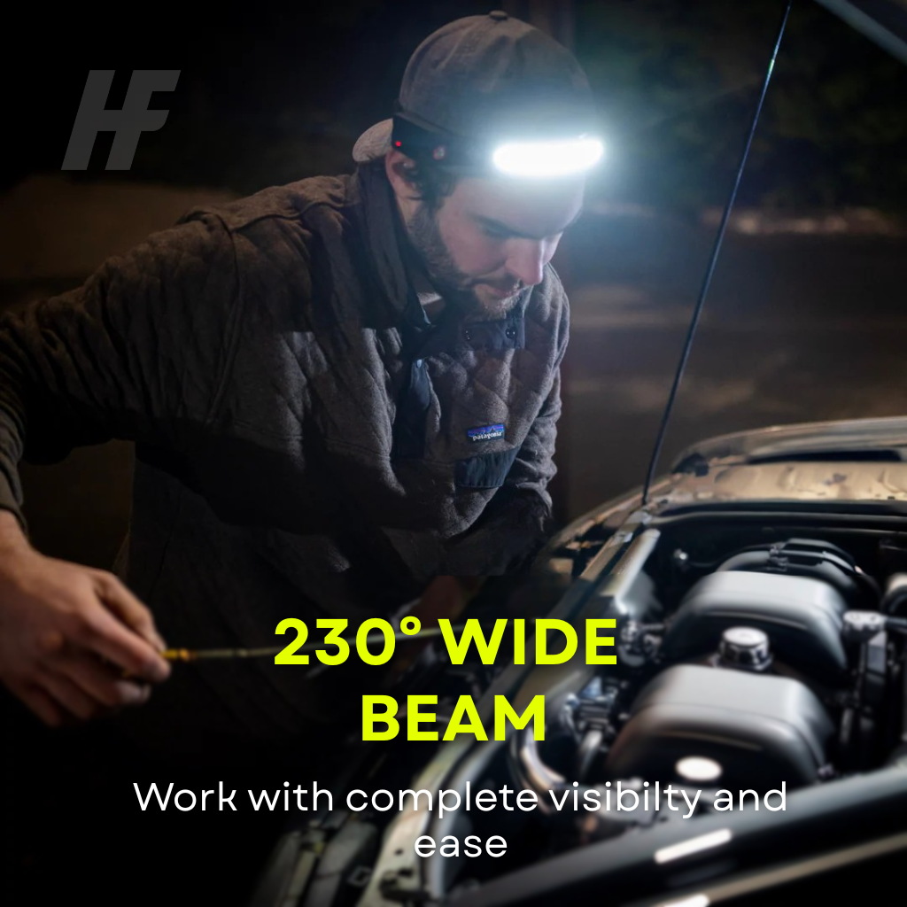 Man wearing a HaloFlex LED headlamp at night leaning over an open car engine bay, illuminated by the headlamp's bright 230-degree wide beam, with text reading 230 Degree Wide Beam - Work with complete visibility and ease