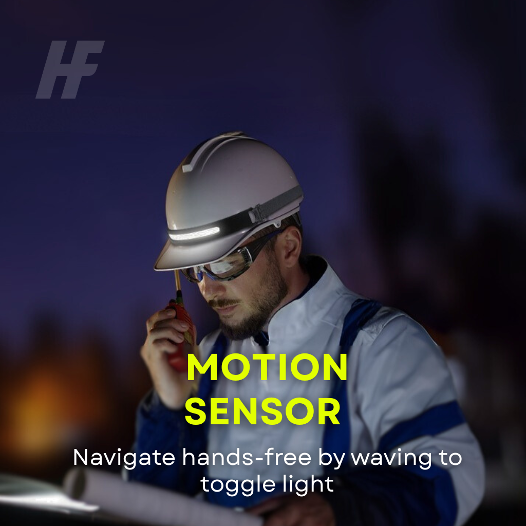 Male worker in a hard hat and safety glasses wearing a HaloFlex LED headlamp at night, holding a walkie-talkie while reviewing documents, with text reading Motion Sensor - Navigate hands-free by waving to toggle light
