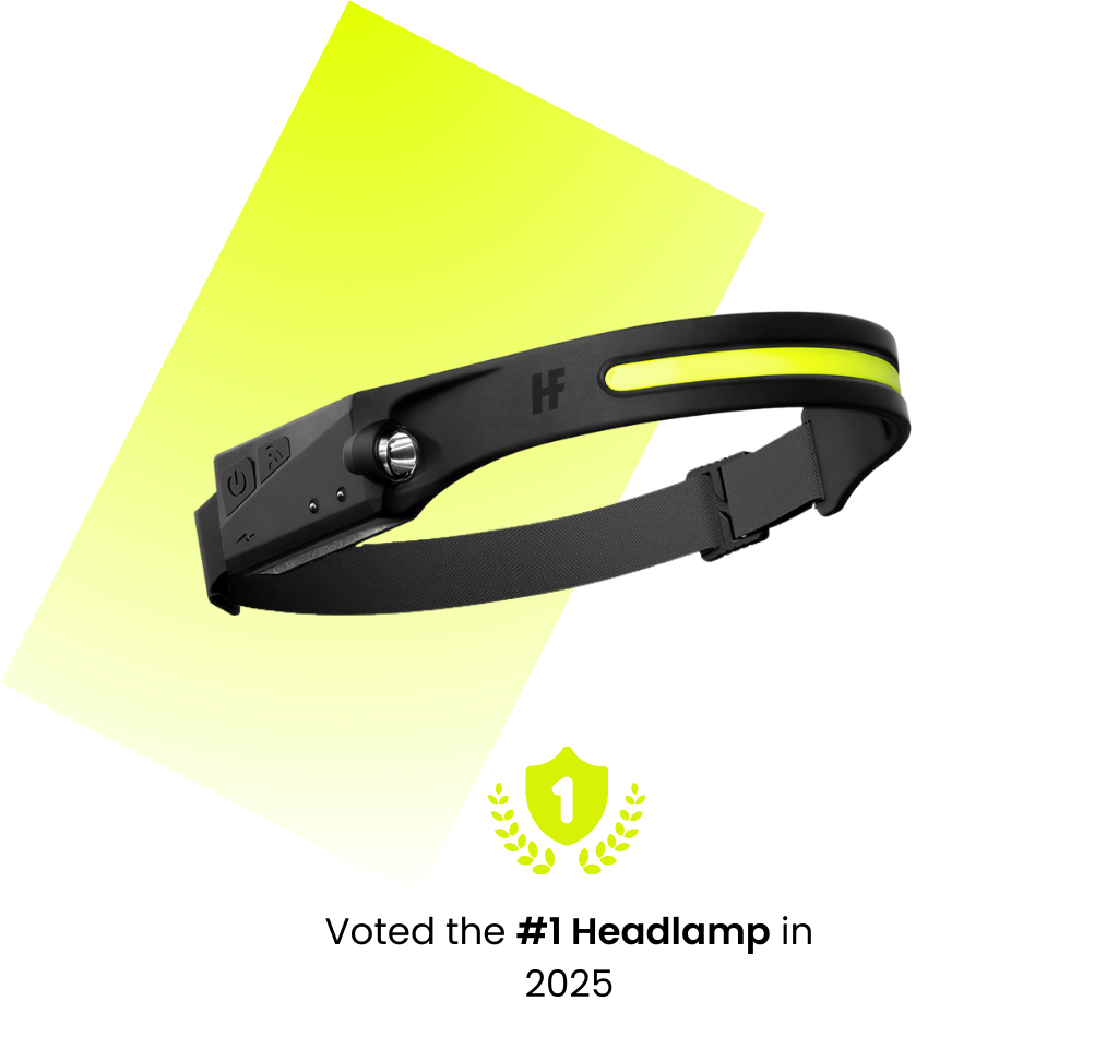 HaloFlex running headlamp with black adjustable strap and neon yellow accent light, displayed against a lime green geometric background, awarded the #1 Headlamp of 2025