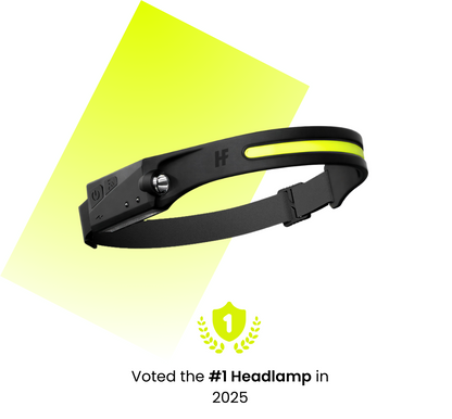 HaloFlex running headlamp with black adjustable strap and neon yellow accent light, displayed against a lime green geometric background, awarded the #1 Headlamp of 2025