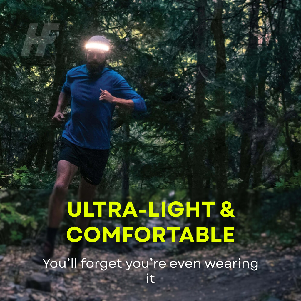 Male trail runner wearing a HaloFlex headlamp running through a dark forest trail at dusk, with text reading Ultra-Light and Comfortable